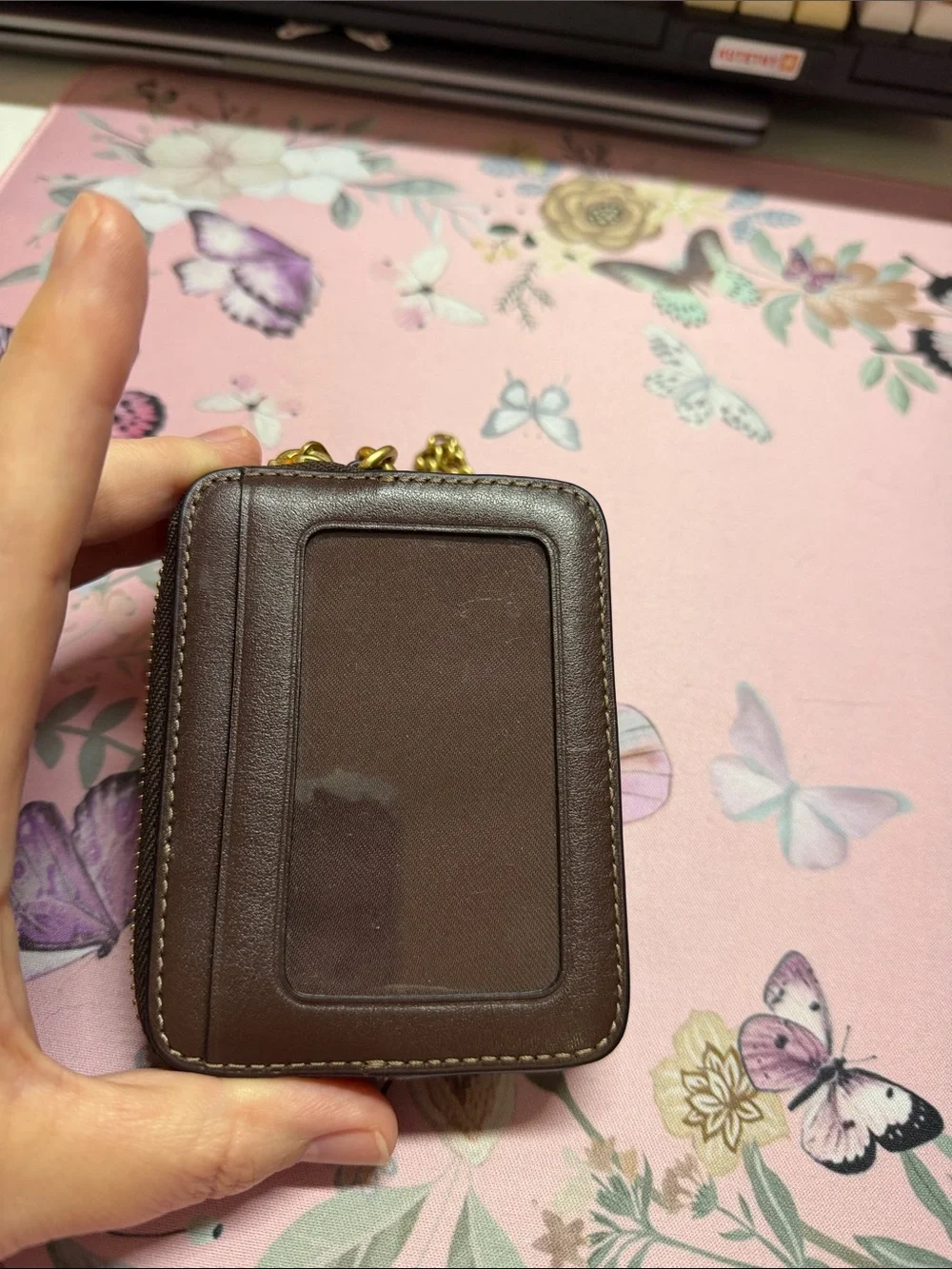 Coach Maple Leather Zip Card Case with Chain